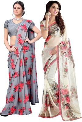 YASHIKA Printed Daily Wear Georgette Saree(Pack of 2, Grey, Cream)