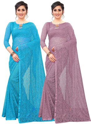 LOROFY Embellished Bollywood Net Saree(Pack of 2, Purple, Blue)