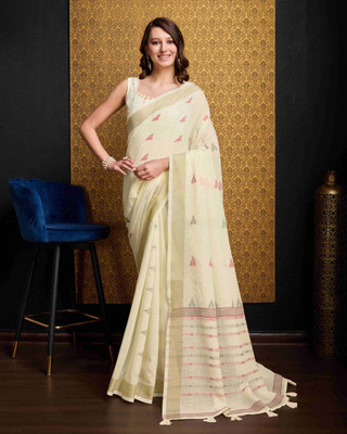 all about you Woven Bollywood Organza Saree(Cream)