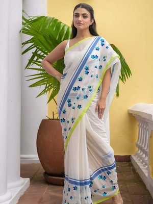 KASLI ENTERPRISE Floral Print, Striped Bollywood Handloom Cotton Linen Saree(White)
