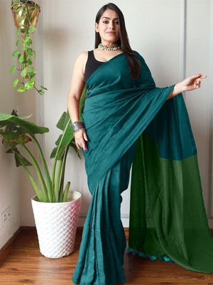 Maruti Art Solid/Plain Daily Wear Cotton Blend Saree(Light Blue)