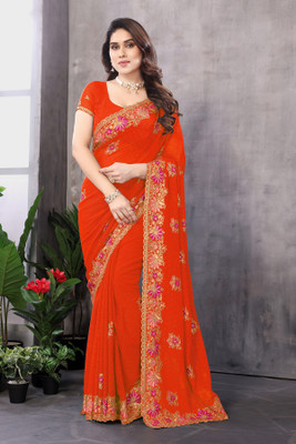 KHRITI FAB Embroidered Bollywood Georgette Saree(Orange)