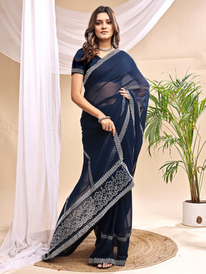 Leelavati Embroidered, Embellished Bollywood Georgette Saree(Dark Blue)
