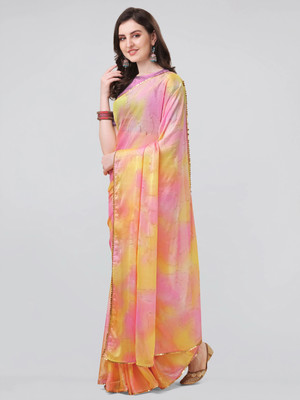 MIRCHI FASHION Printed, Color Block, Embellished Bollywood Chiffon, Georgette Saree(Pink, Yellow)