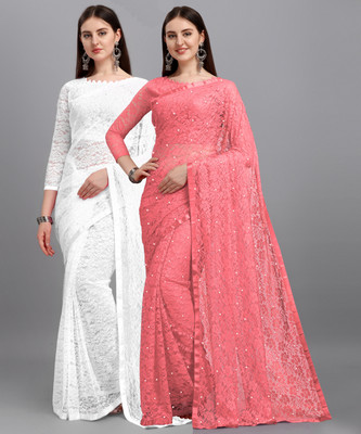 LOROFY Self Design Bollywood Net Saree(Pack of 2, White, Pink)