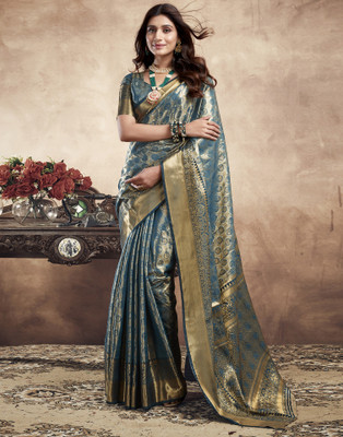 Samah Woven Kanjivaram Art Silk, Pure Silk Saree(Blue, Gold)