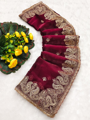 TTH Embroidered Bollywood Jute Silk Saree(Maroon)