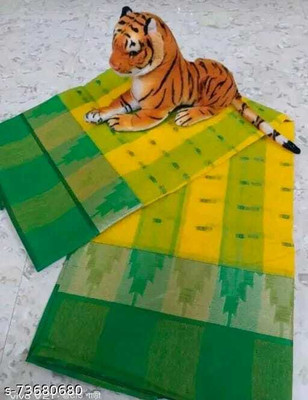 Sthaker Self Design Tant Pure Cotton Saree(Yellow, Green)