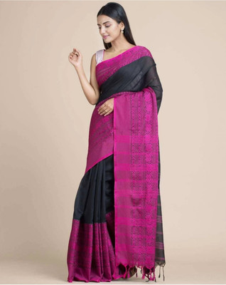 PAL SAREE HAHAL Self Design Handloom Cotton Blend Saree(Black, Red)