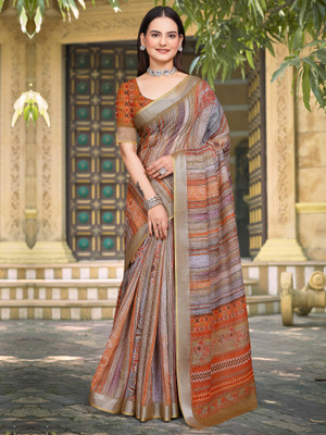 Tasrika Digital Print Hand Batik Cotton Linen Saree(Brown)