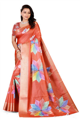 bakori Digital Print Daily Wear Silk Blend Saree(Orange)