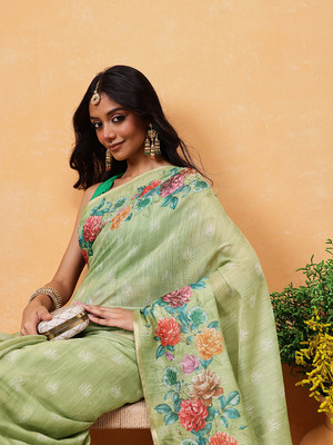 Divastri Digital Print Daily Wear Cotton Blend Saree(Light Green)