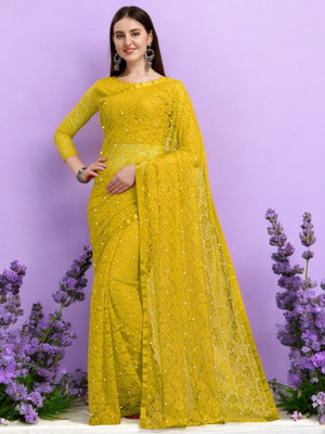 NexxaFashion Self Design Bollywood Net Saree(Yellow)