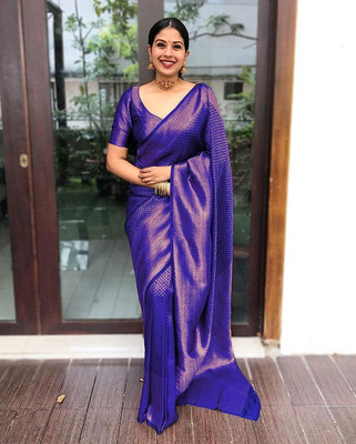 shivdarshan creation Self Design Kanjivaram Jacquard, Pure Silk Saree(Dark Blue)