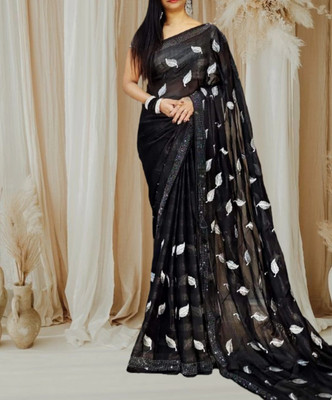 MAHADEV Self Design, Solid/Plain, Blocked Printed Handloom Chiffon Saree(Pack of 2, Black)