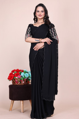 saanvi Solid/Plain, Self Design, Embroidered Bollywood Jimmy choo, Chiffon Saree(Black)