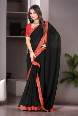 Kasumbo Tex Solid/Plain Banarasi Georgette Saree(Black)