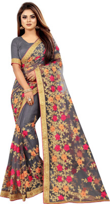 Barkiya Creation Embroidered Bollywood Net Saree(Grey)