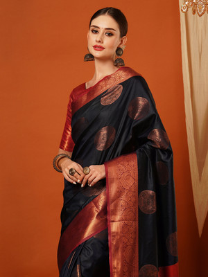 yourwish Embellished, Woven Bollywood Pure Silk, Jacquard Saree(Dark Blue, Red, Gold)