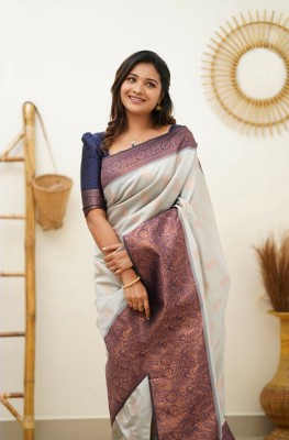 Edith Woven Dharmavaram Jacquard Saree(Grey)