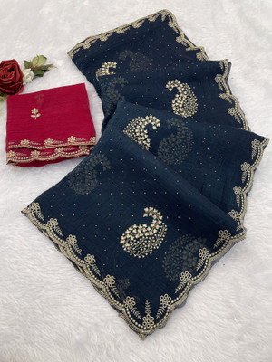 BELLETRENDZ Embellished Bollywood Crepe Saree(Dark Blue)