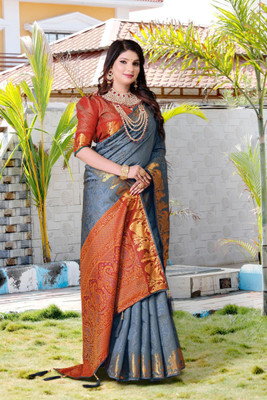 LAVYANSH CREATION Printed Patola Silk Blend Saree(Grey)