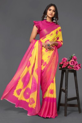 V And V Shop Printed Bandhani Chiffon Saree(Yellow, Pink)