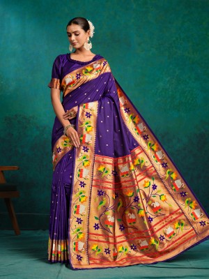 Ethnic Junction Woven Paithani Pure Silk Saree(Purple)