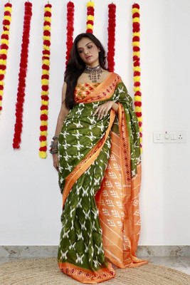 JASU CREATION Printed Gadwal Pure Cotton Saree(Dark Green)