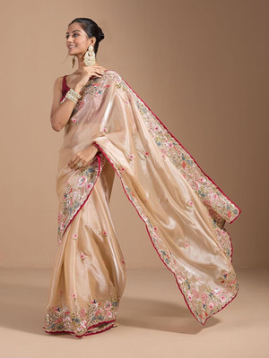 Verviza Floral Print Saree with Attached Blouse Jimmy choo Saree(Cream)