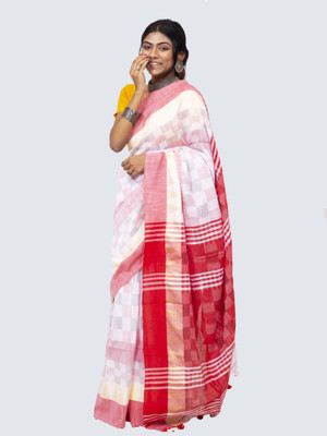 AngaShobha Checkered Sambalpuri Cotton Blend Saree(White)