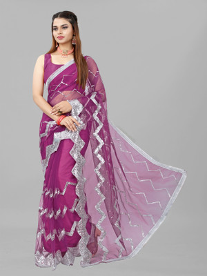 Barkiya Creation Embroidered Bollywood Net Saree(Purple)
