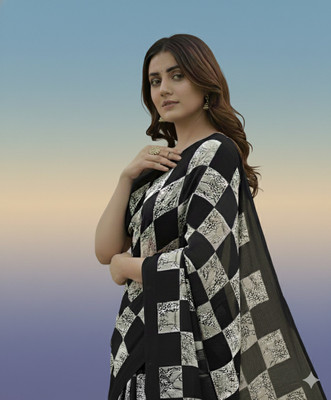 Tokyo Fashion Checkered, Printed Daily Wear Chanderi Saree(Black, White)
