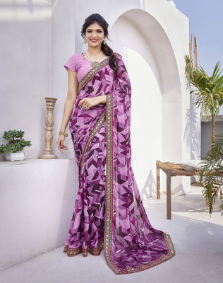 YASHIKA Printed Bollywood Georgette, Lace Saree(Purple)