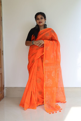 BongAp Digital Print, Printed Chanderi Cotton Silk Saree(Orange)