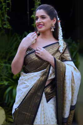 VK Enterprise Woven Daily Wear Silk Blend Saree(White)