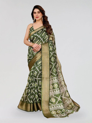 Moda Rapido Printed Bandhani Cotton Blend Saree(Green)