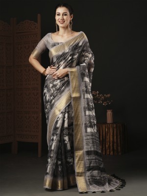 Sareemall Printed Kalamkari Organza Saree(Grey)