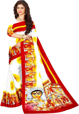 Bhadra Printed Handloom Handloom Pure Cotton Saree(White)