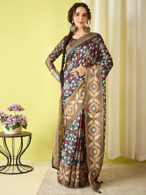 all about you Woven Ikkat Silk Blend Saree(Dark Blue)