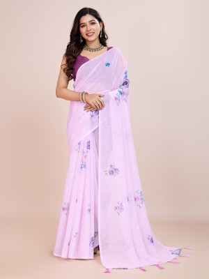 SHRIMAY Floral Print Bollywood Pure Cotton, Linen Saree(Pink)