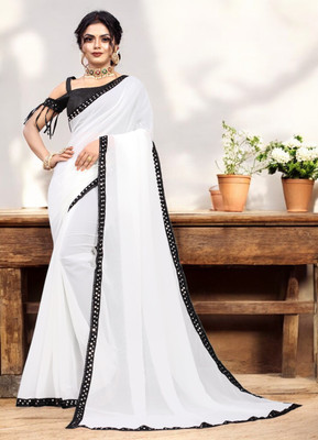 NESHVI ENTERPRISE Solid/Plain Bollywood Georgette Saree(White, Black)