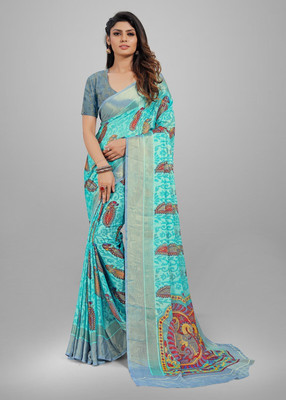 Sitanjali Printed Bollywood Brasso Saree(Light Blue)