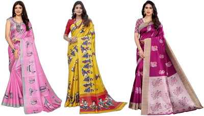 YASHIKA Woven Mysore Art Silk Saree(Pack of 3, Pink, Yellow, Purple)
