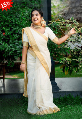 ShriSaree Woven Kasavu Pure Cotton Saree(White)