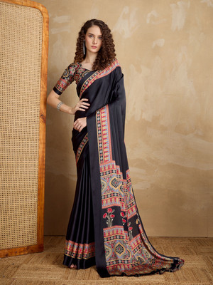 Stylum Solid/Plain, Printed Saree with Attached Blouse Silk Blend Saree(Black)