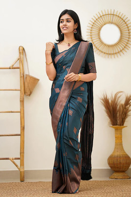 Anjaneya Sarees Woven Banarasi Silk Blend Saree(Light Blue)
