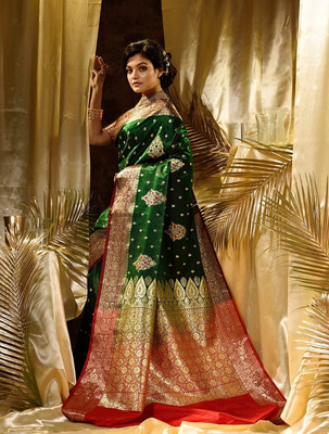 Satin Woven Banarasi Satin Saree(Dark Green)