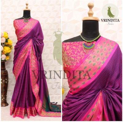 VRINDITA FASHION Printed, Temple Border, Woven, Embellished, Solid/Plain Banarasi Art Silk, Cotton Silk Saree(Cream)