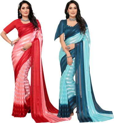 kashvi sarees Striped Bollywood Satin Saree(Pack of 2, Pink, Red, Light Blue, Dark Blue)